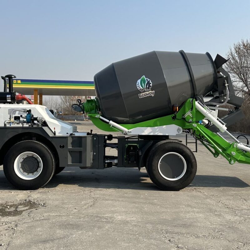 Self-loading concrete mixer truck
